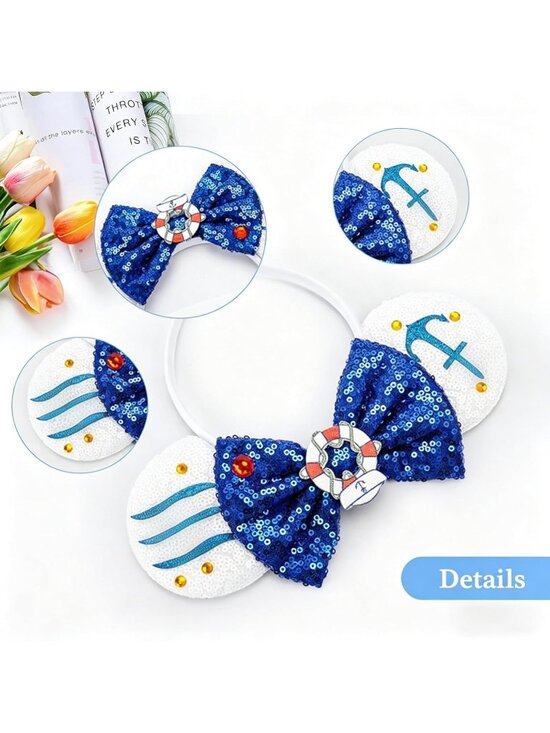 Women Blue Seaman Sequin Bow Mickey Mouse Hair Headband for Cosplay